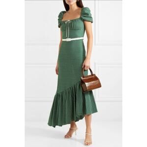 Hellessy Helen Green Belted Asymmetric Crocheted Cotton Milkmaid Dress Sz 4
